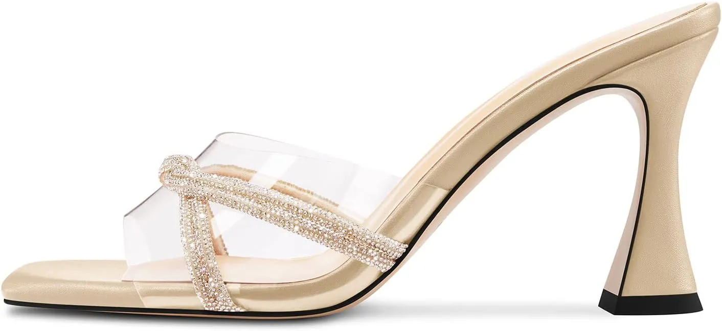 HEUIVZAR Womens Mid Kitten Heel Peep Open Square Toe Mules Shoes Slip-on Rhinestone Crystal Prom Clear Summer Shoes