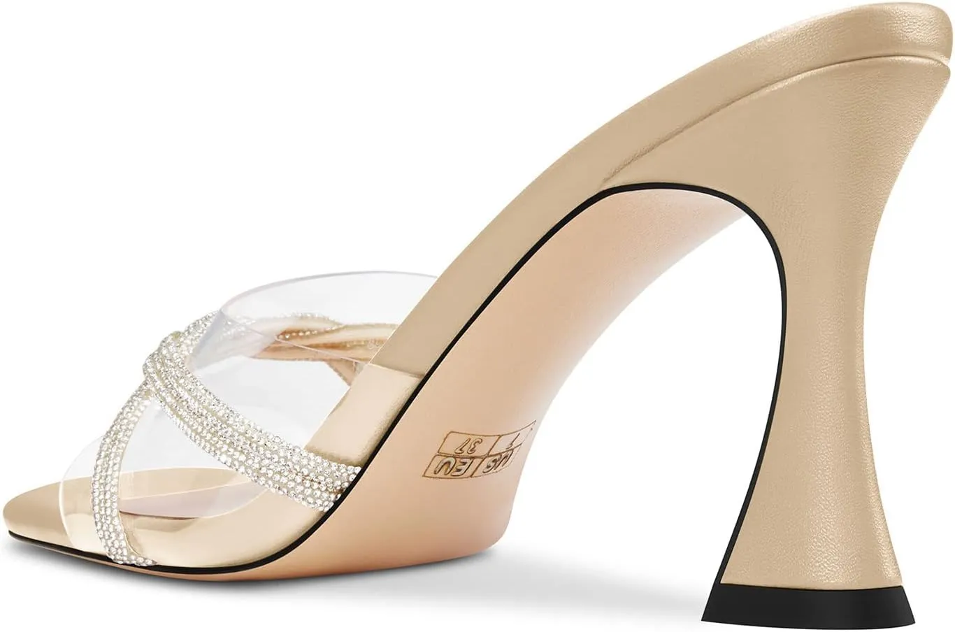 HEUIVZAR Womens Mid Kitten Heel Peep Open Square Toe Mules Shoes Slip-on Rhinestone Crystal Prom Clear Summer Shoes