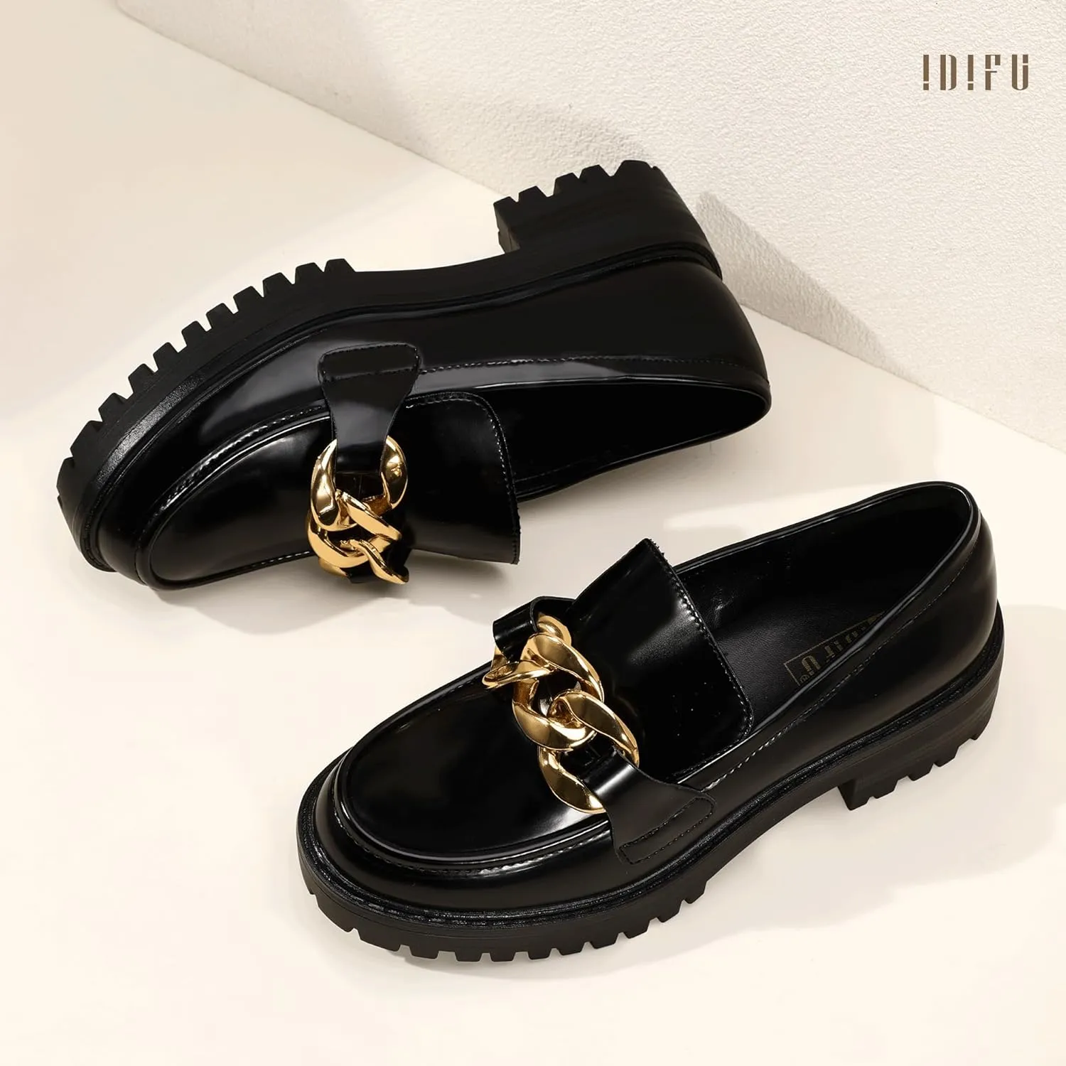 IDIFU IN2 Platform Loafers for Women Dressy with Metal Chain Slip On Low Chunky Block Lug Sole Heeled Penny Loafers Comfort Closed Round Toe Dress Shoes Office Work Business Casual Fall Loafers Shoes