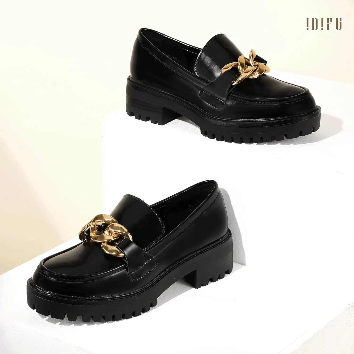 IDIFU IN2 Platform Loafers for Women Dressy with Metal Chain Slip On Low Chunky Block Lug Sole Heeled Penny Loafers Comfort Closed Round Toe Dress Shoes Office Work Business Casual Fall Loafers Shoes