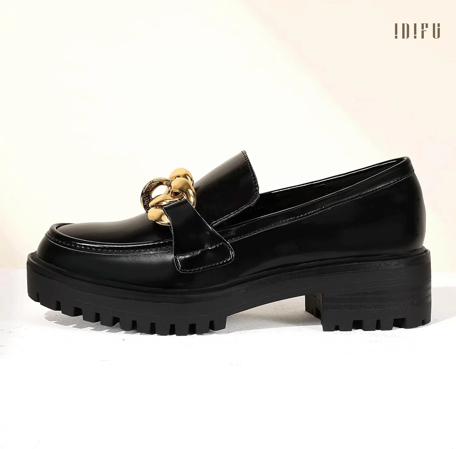 IDIFU IN2 Platform Loafers for Women Dressy with Metal Chain Slip On Low Chunky Block Lug Sole Heeled Penny Loafers Comfort Closed Round Toe Dress Shoes Office Work Business Casual Fall Loafers Shoes