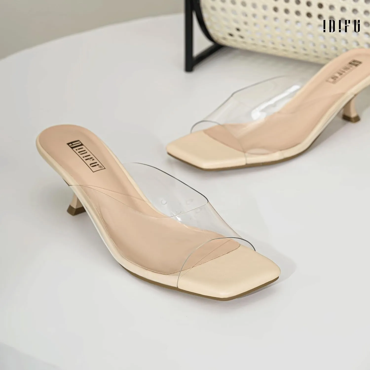IDIFU IN2 Women's Kitten Heels Open Square Toe Low Heels Sexy Slip On Slide Heeled Sandals Comfortable Wedding Bridal Party Prom Dress Sandals Office Casual Summer Short Mule Heels