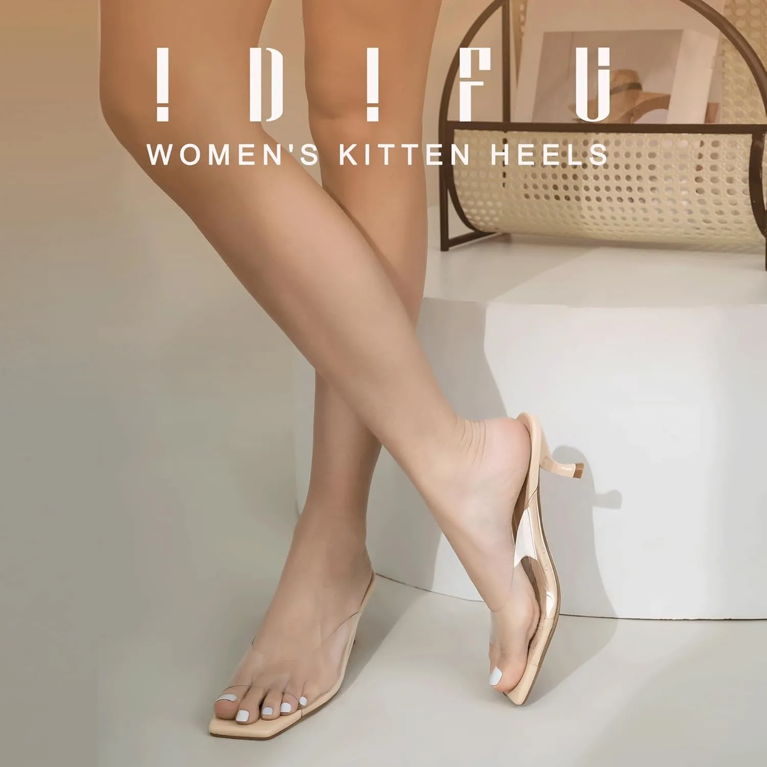IDIFU IN2 Women's Kitten Heels Open Square Toe Low Heels Sexy Slip On Slide Heeled Sandals Comfortable Wedding Bridal Party Prom Dress Sandals Office Casual Summer Short Mule Heels