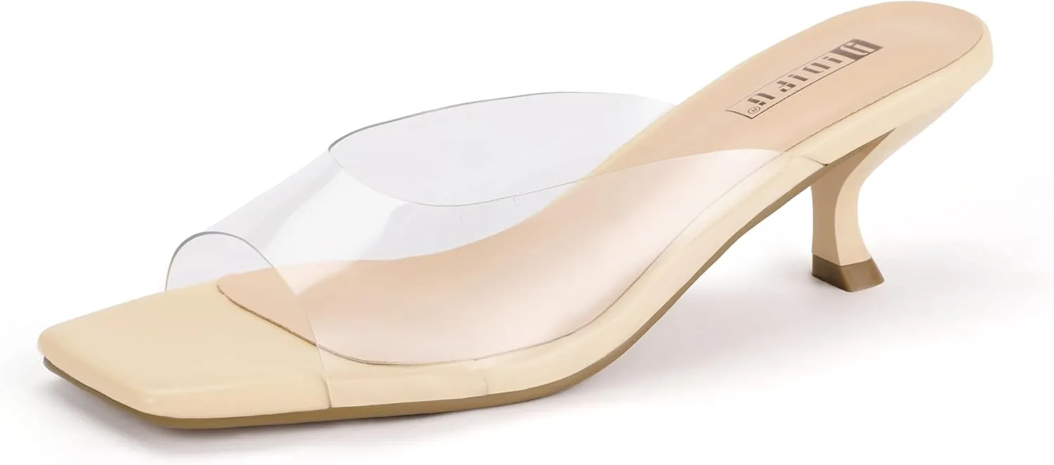 IDIFU IN2 Women's Kitten Heels Open Square Toe Low Heels Sexy Slip On Slide Heeled Sandals Comfortable Wedding Bridal Party Prom Dress Sandals Office Casual Summer Short Mule Heels