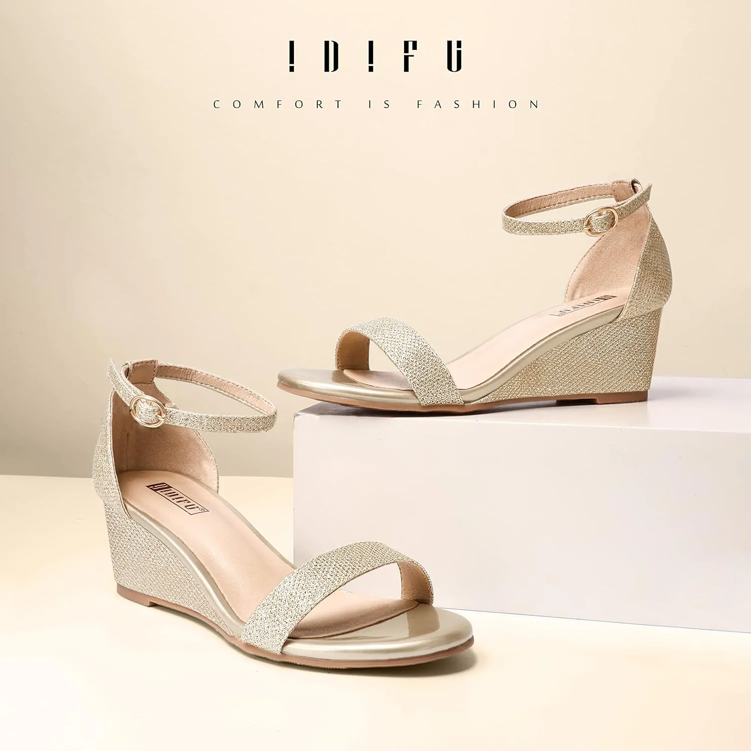 IDIFU Wedge Sandals Heels for Women Dress Shoes Open Toe with Ankle Strap for Wedding Bridal Evening Cocktail