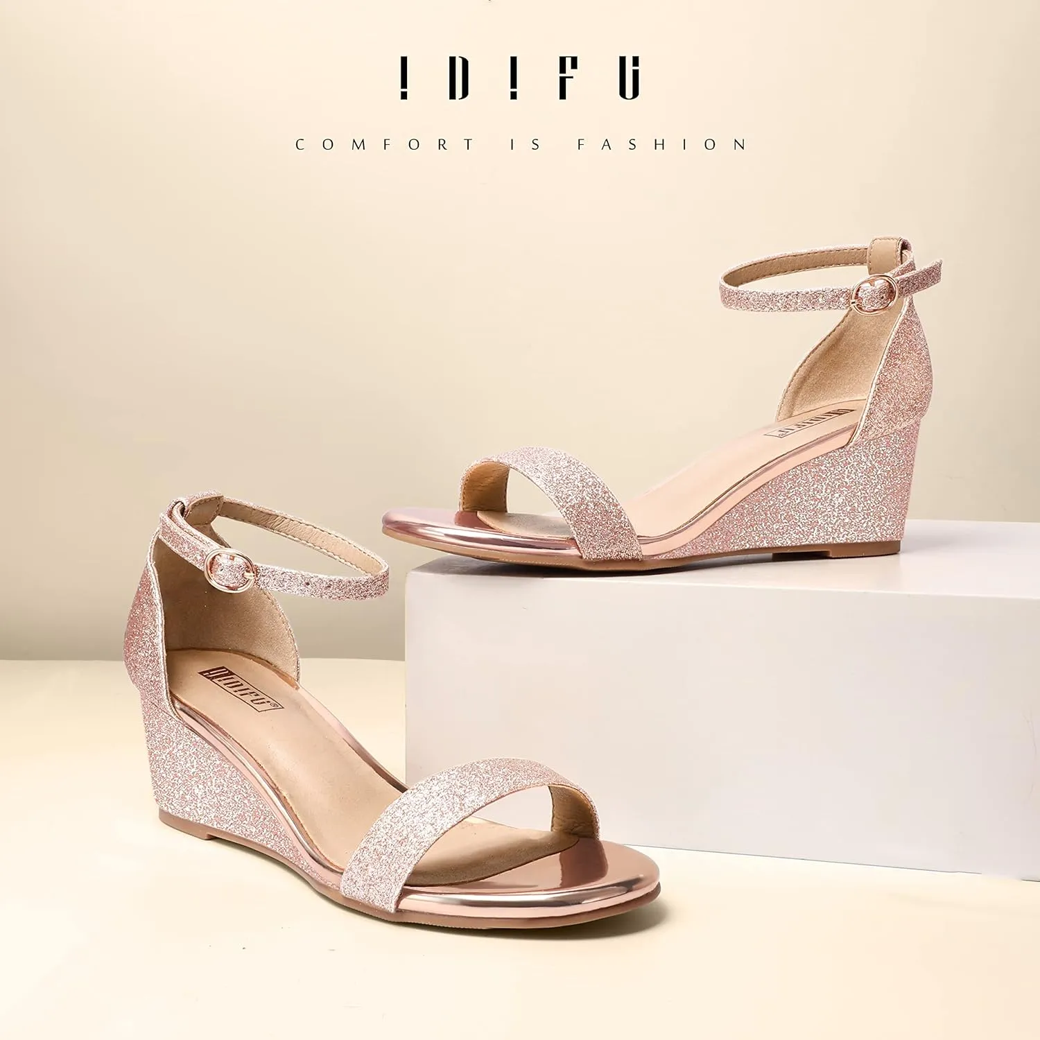 IDIFU Wedge Sandals Heels for Women Dress Shoes Open Toe with Ankle Strap for Wedding Bridal Evening Cocktail