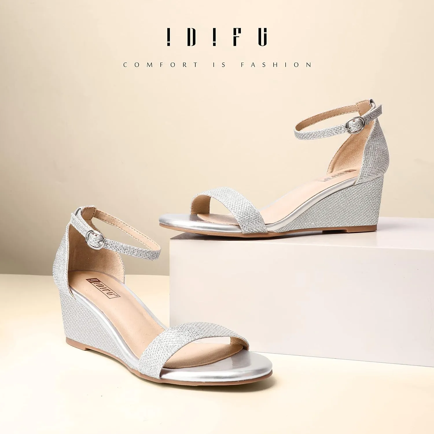 IDIFU Wedge Sandals Heels for Women Dress Shoes Open Toe with Ankle Strap for Wedding Bridal Evening Cocktail