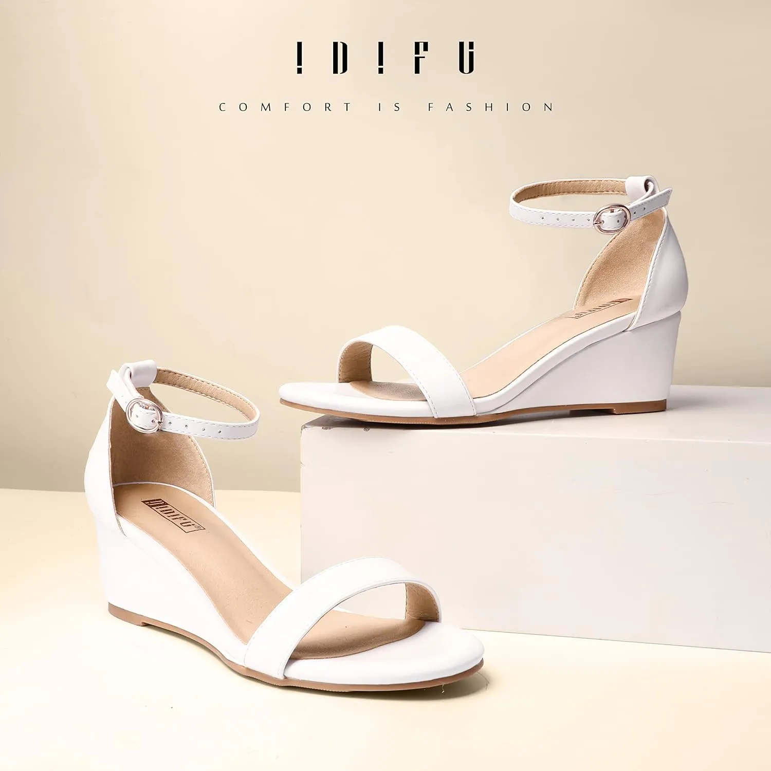 IDIFU Wedge Sandals Heels for Women Dress Shoes Open Toe with Ankle Strap for Wedding Bridal Evening Cocktail