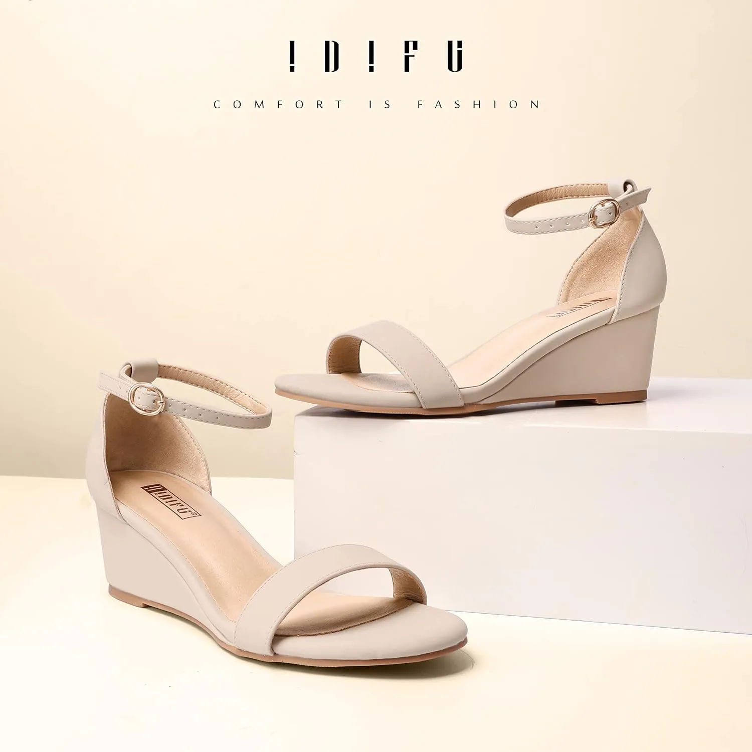 IDIFU Wedge Sandals Heels for Women Dress Shoes Open Toe with Ankle Strap for Wedding Bridal Evening Cocktail