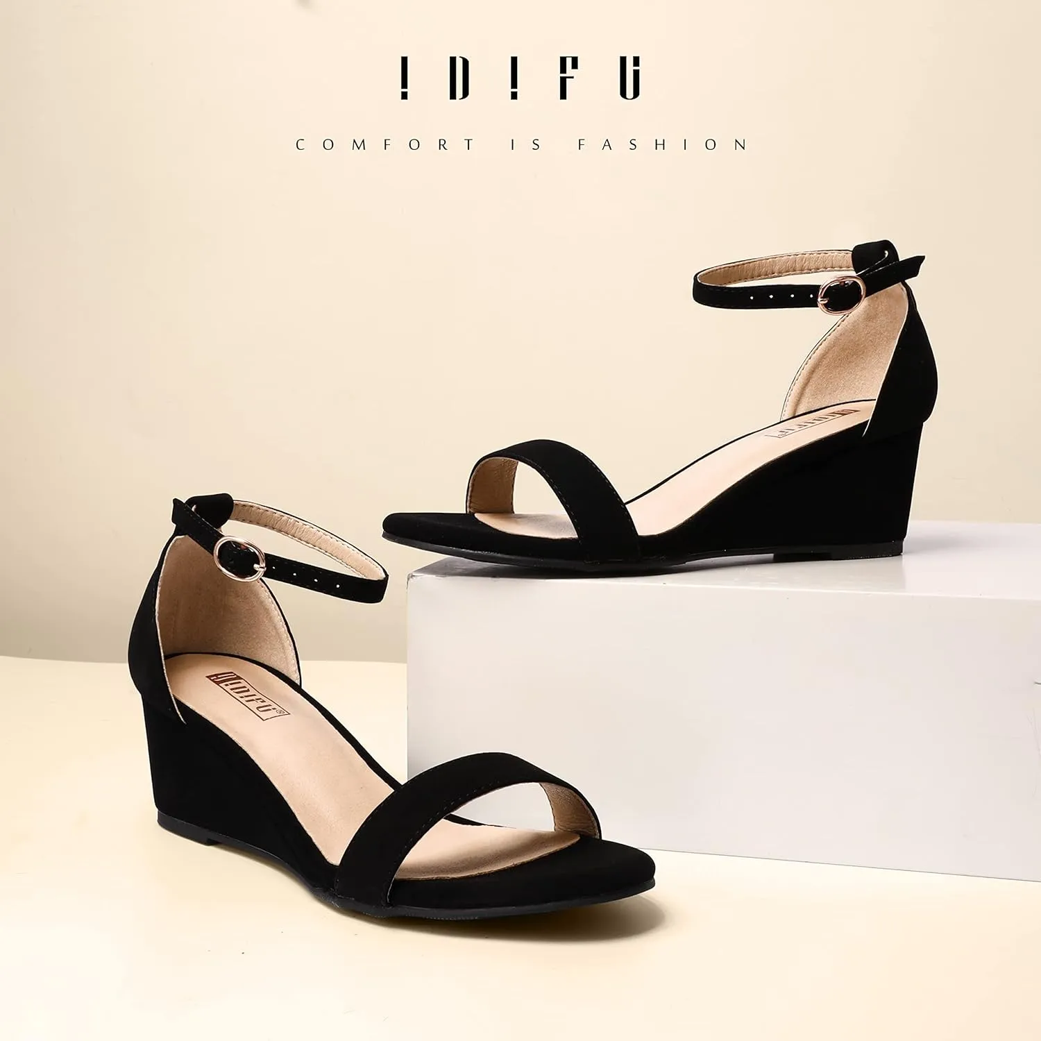 IDIFU Wedge Sandals Heels for Women Dress Shoes Open Toe with Ankle Strap for Wedding Bridal Evening Cocktail
