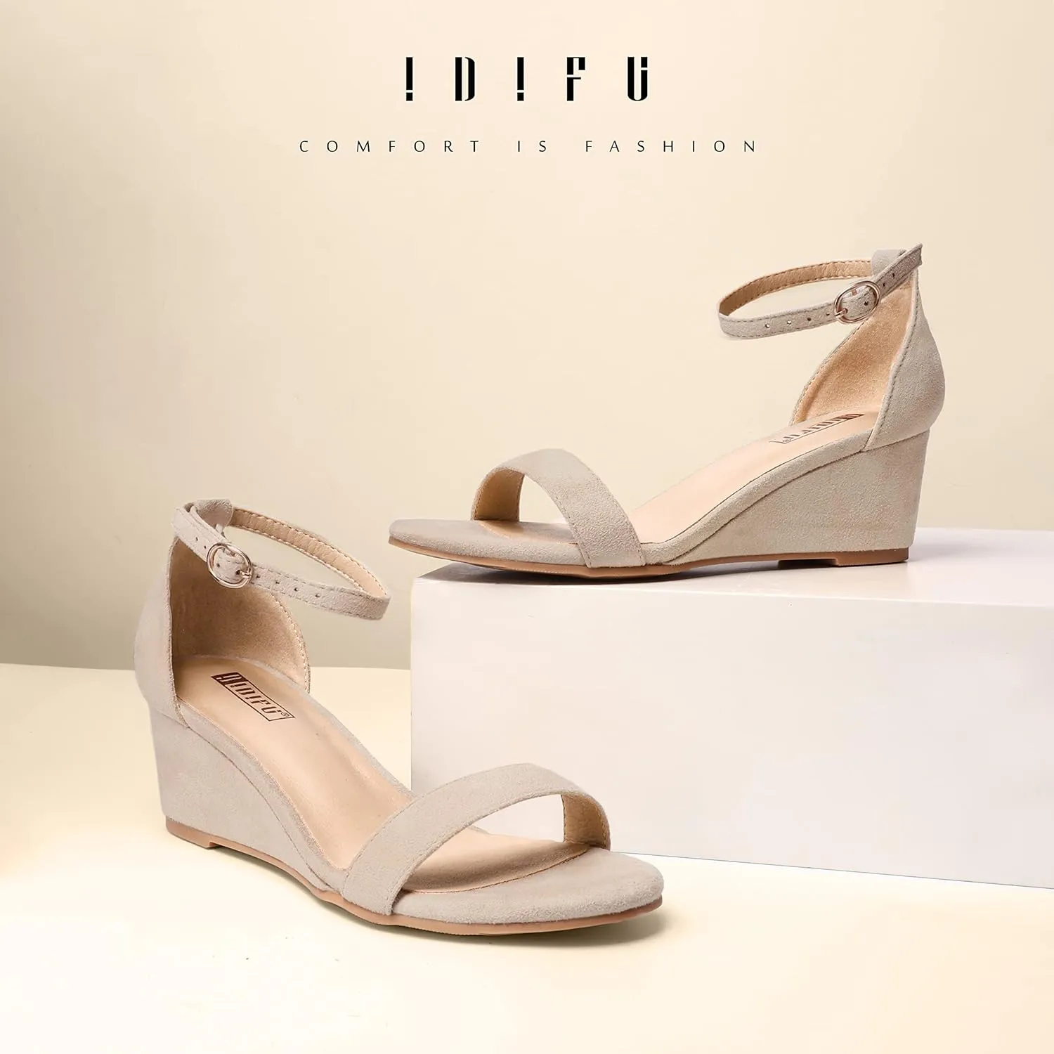 IDIFU Wedge Sandals Heels for Women Dress Shoes Open Toe with Ankle Strap for Wedding Bridal Evening Cocktail