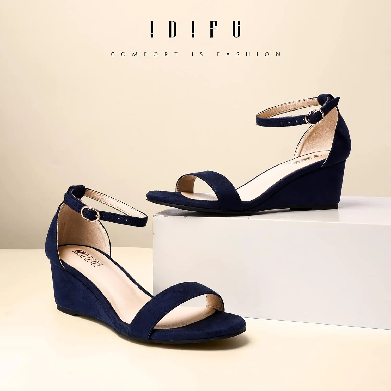 IDIFU Wedge Sandals Heels for Women Dress Shoes Open Toe with Ankle Strap for Wedding Bridal Evening Cocktail