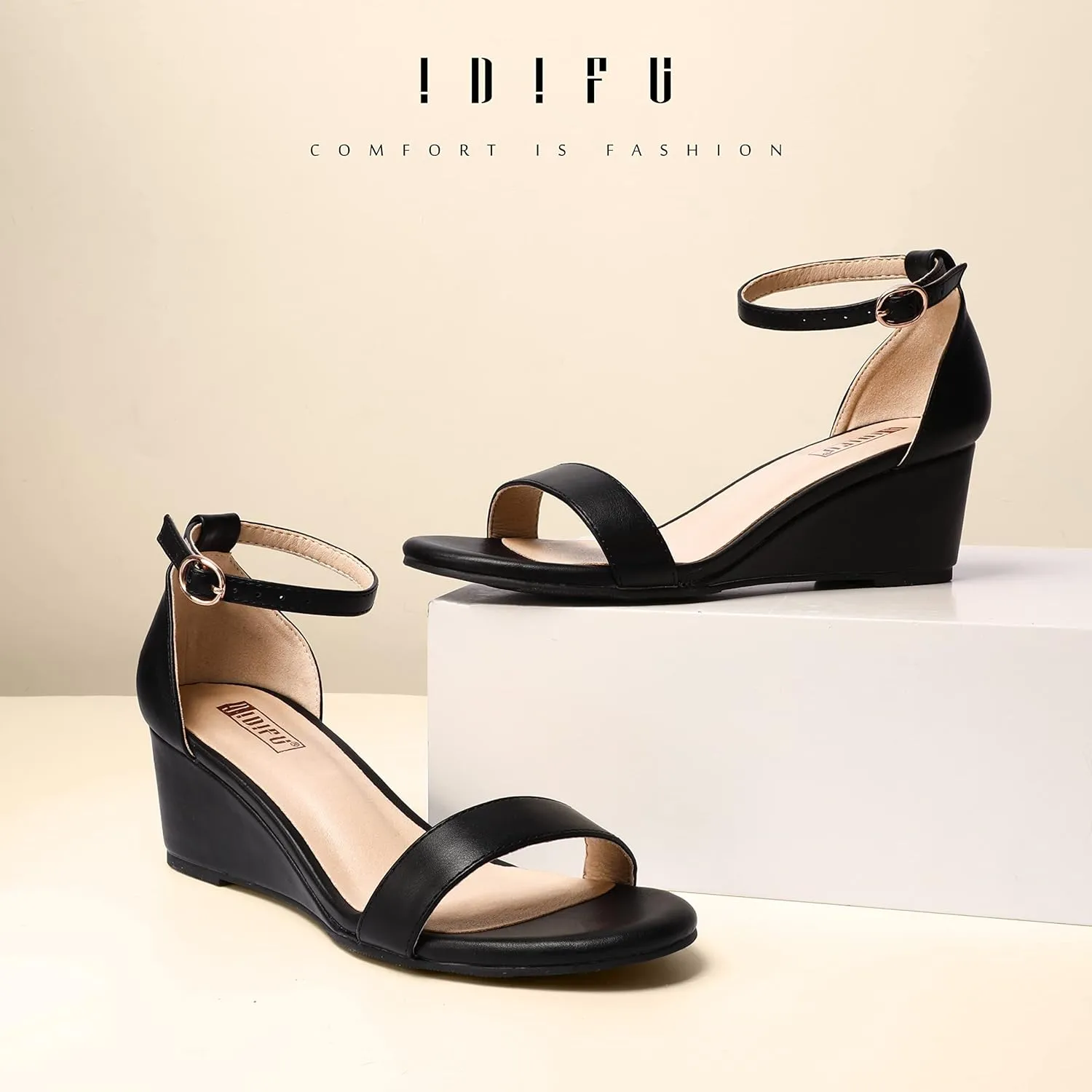 IDIFU Wedge Sandals Heels for Women Dress Shoes Open Toe with Ankle Strap for Wedding Bridal Evening Cocktail