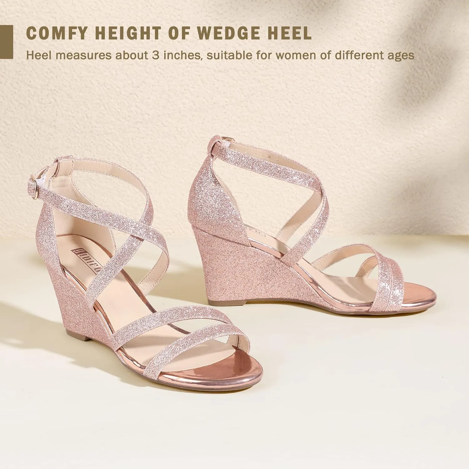 IDIFU Women's 3 Inch Strappy Wedge Sandals Open Toe Dressy Wedges For Women Black Nude Silver White Bridal Wedge Heels On Wedding Evening Summer