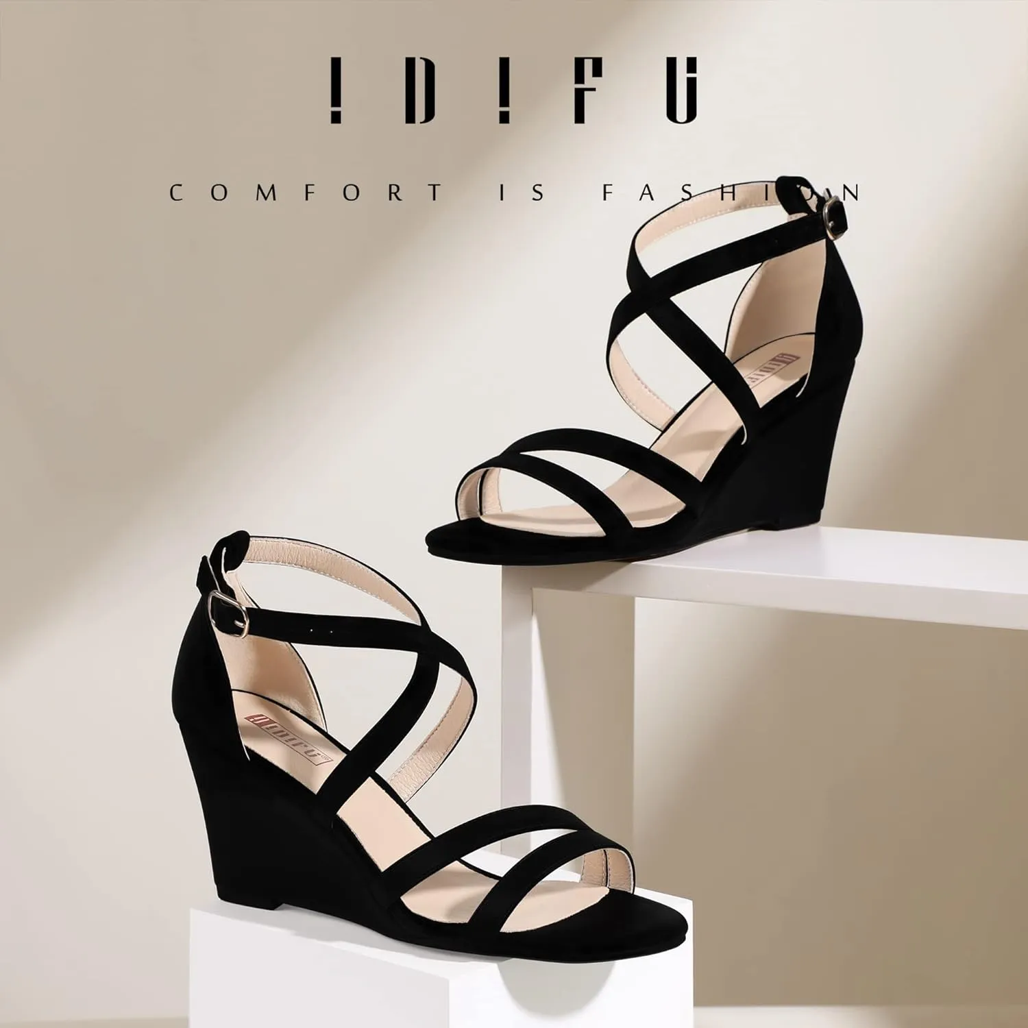 IDIFU Women's 3 Inch Strappy Wedge Sandals Open Toe Dressy Wedges For Women Black Nude Silver White Bridal Wedge Heels On Wedding Evening Summer
