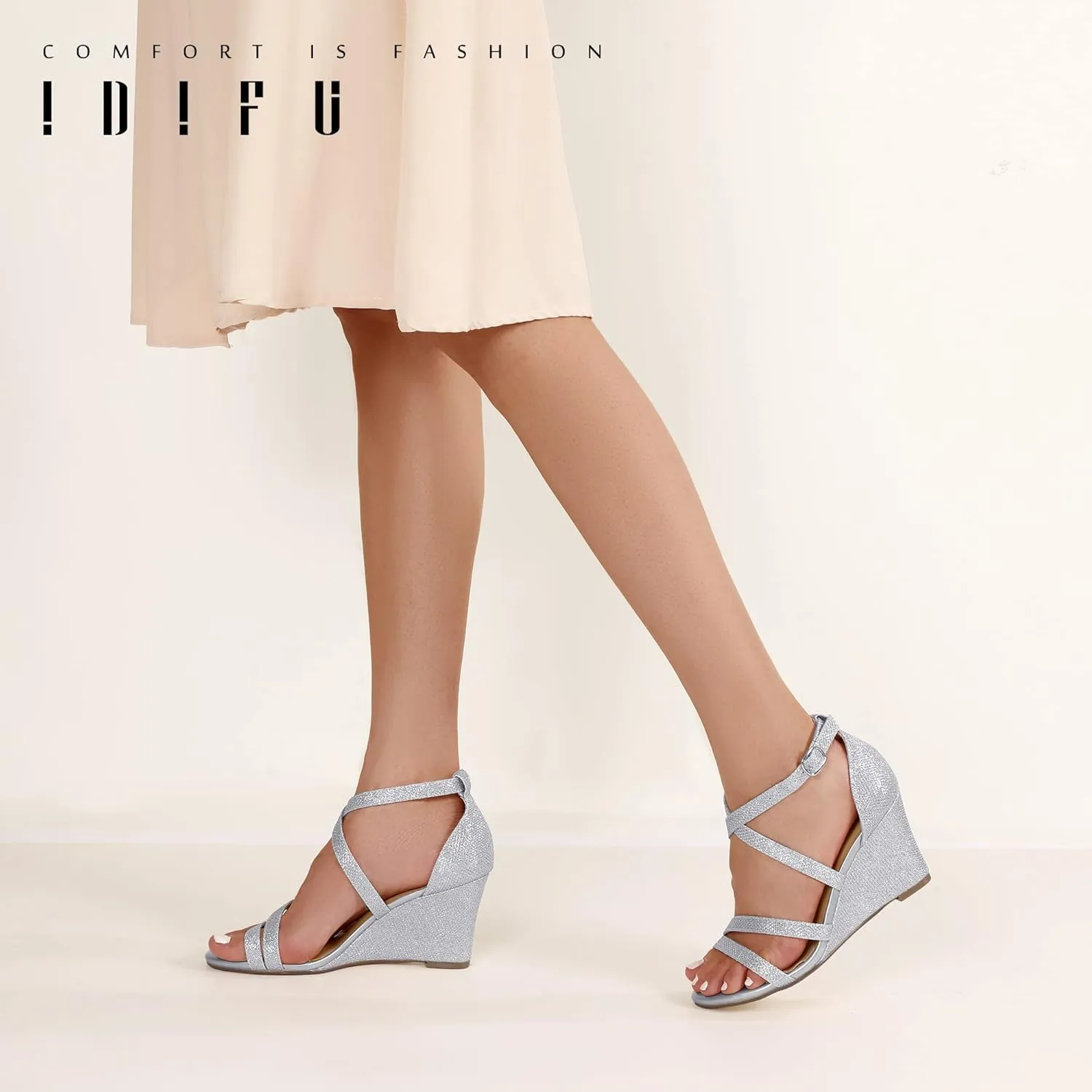 IDIFU Women's 3 Inch Strappy Wedge Sandals Open Toe Dressy Wedges For Women Black Nude Silver White Bridal Wedge Heels On Wedding Evening Summer
