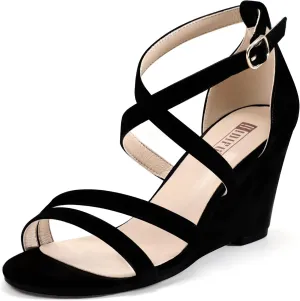 IDIFU Women's 3 Inch Strappy Wedge Sandals Open Toe Dressy Wedges For Women Black Nude Silver White Bridal Wedge Heels On Wedding Evening Summer