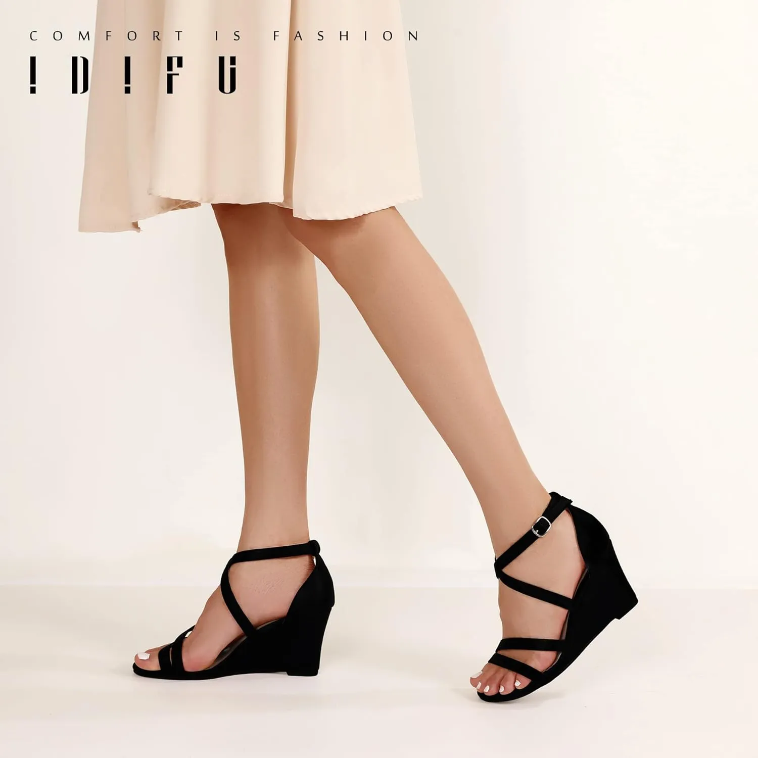 IDIFU Women's 3 Inch Strappy Wedge Sandals Open Toe Dressy Wedges For Women Black Nude Silver White Bridal Wedge Heels On Wedding Evening Summer