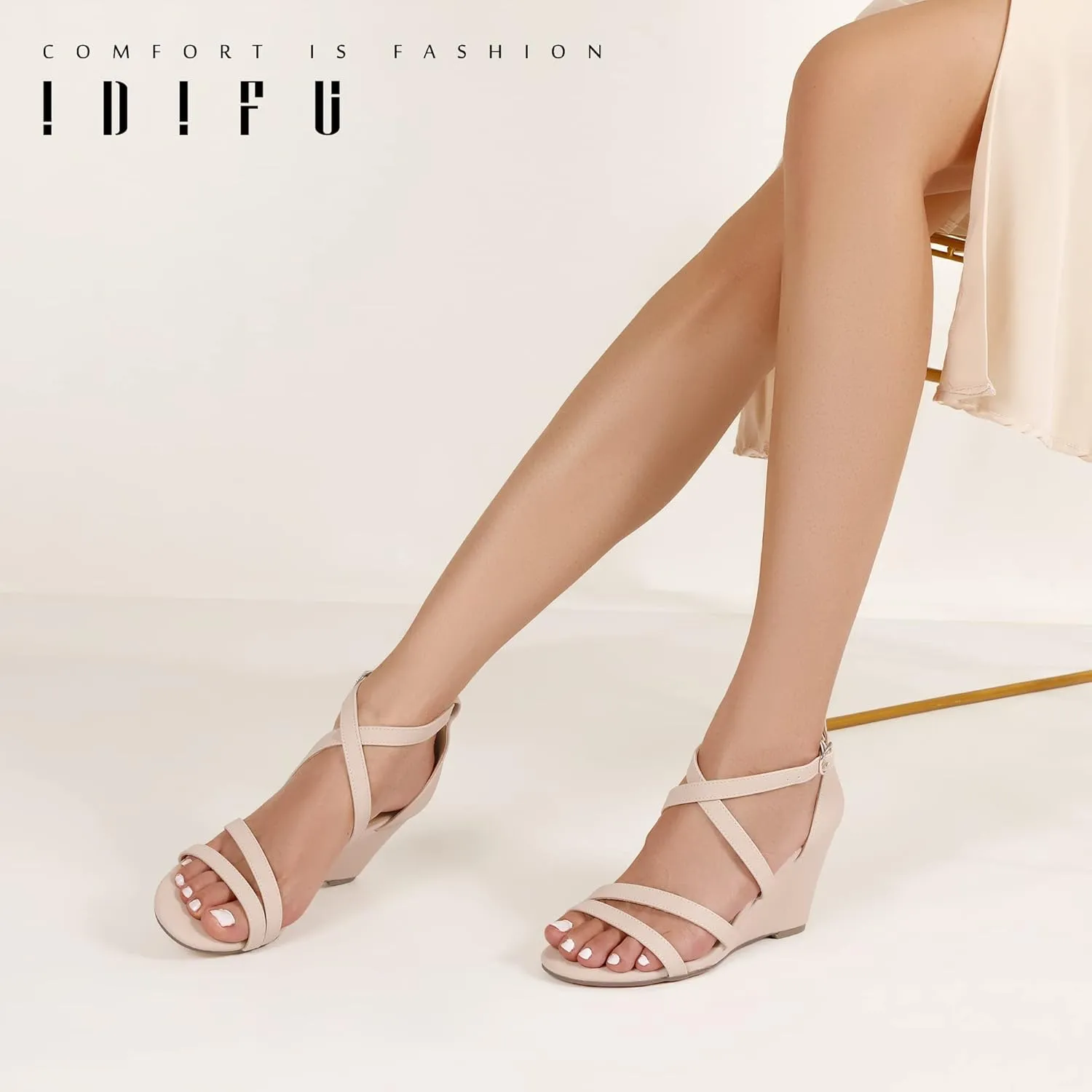 IDIFU Women's 3 Inch Strappy Wedge Sandals Open Toe Dressy Wedges For Women Black Nude Silver White Bridal Wedge Heels On Wedding Evening Summer
