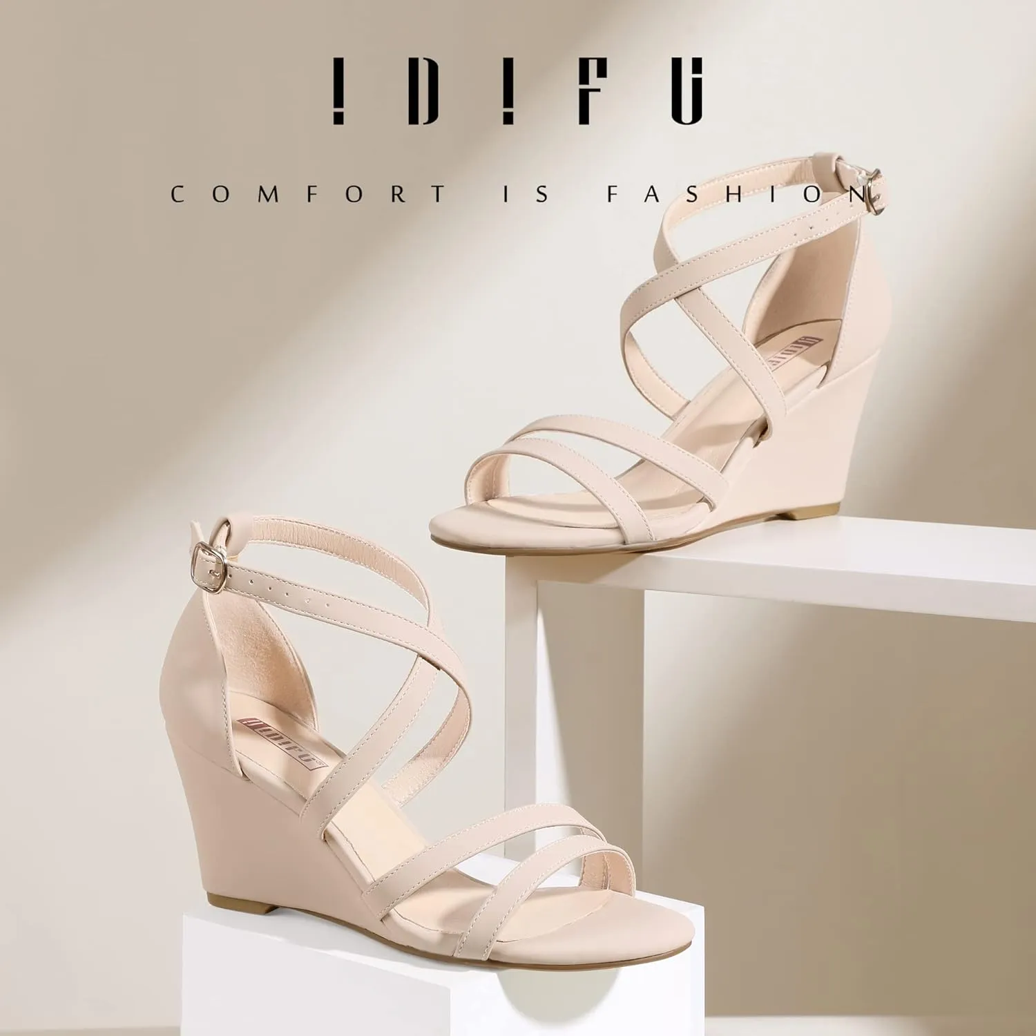 IDIFU Women's 3 Inch Strappy Wedge Sandals Open Toe Dressy Wedges For Women Black Nude Silver White Bridal Wedge Heels On Wedding Evening Summer