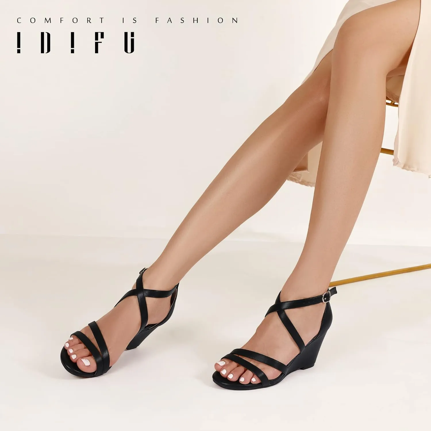 IDIFU Women's 3 Inch Strappy Wedge Sandals Open Toe Dressy Wedges For Women Black Nude Silver White Bridal Wedge Heels On Wedding Evening Summer