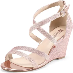 IDIFU Women's 3 Inch Strappy Wedge Sandals Open Toe Dressy Wedges For Women Black Nude Silver White Bridal Wedge Heels On Wedding Evening Summer