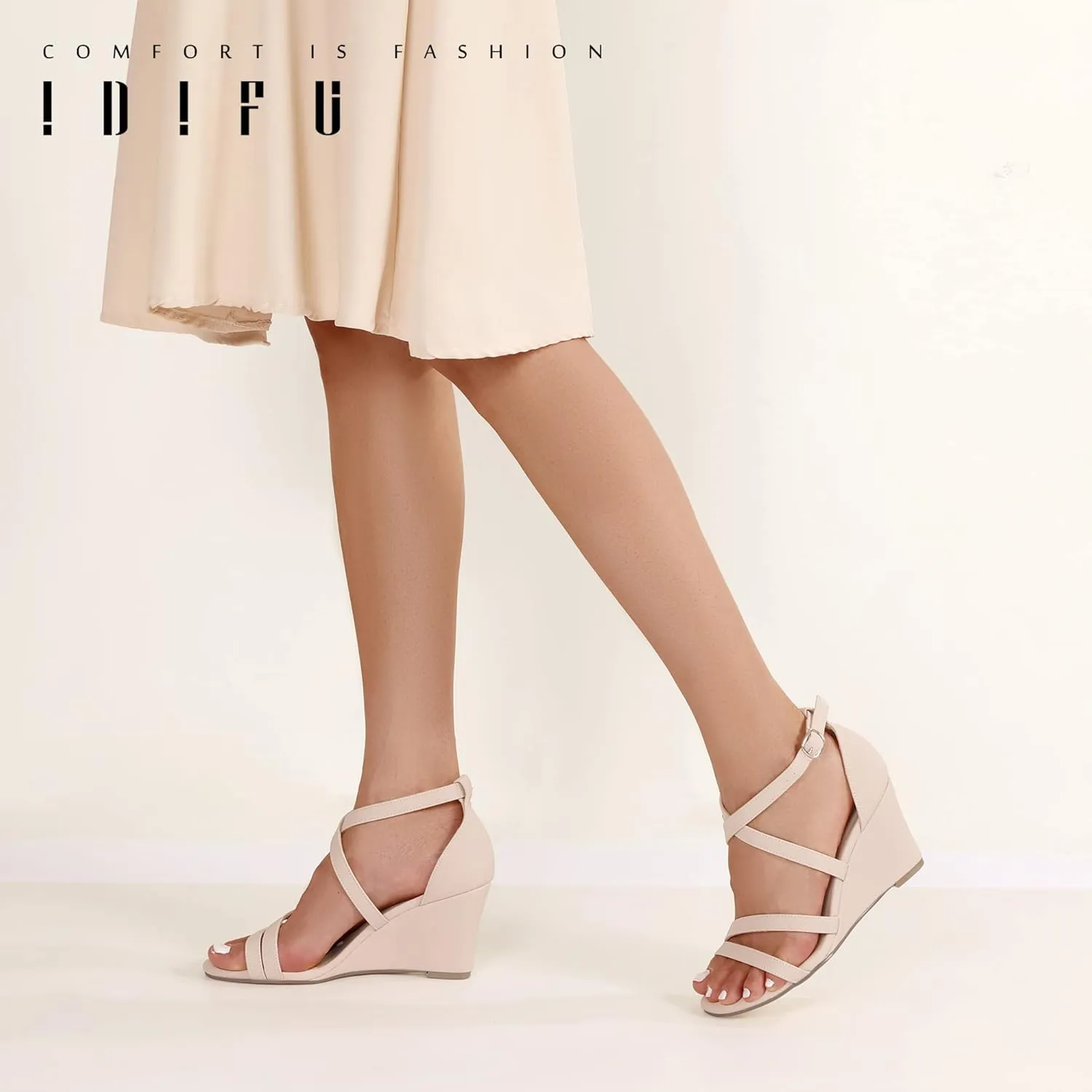 IDIFU Women's 3 Inch Strappy Wedge Sandals Open Toe Dressy Wedges For Women Black Nude Silver White Bridal Wedge Heels On Wedding Evening Summer