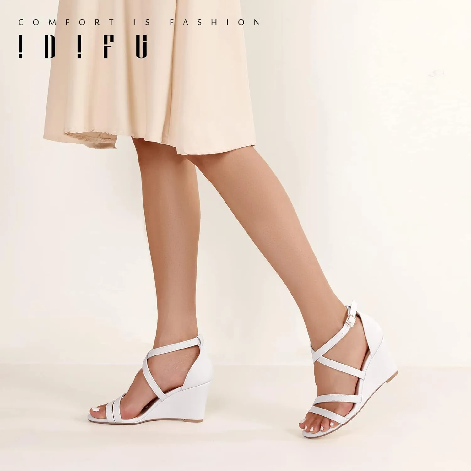IDIFU Women's 3 Inch Strappy Wedge Sandals Open Toe Dressy Wedges For Women Black Nude Silver White Bridal Wedge Heels On Wedding Evening Summer