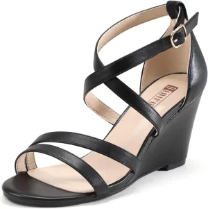 IDIFU Women's 3 Inch Strappy Wedge Sandals Open Toe Dressy Wedges For Women Black Nude Silver White Bridal Wedge Heels On Wedding Evening Summer