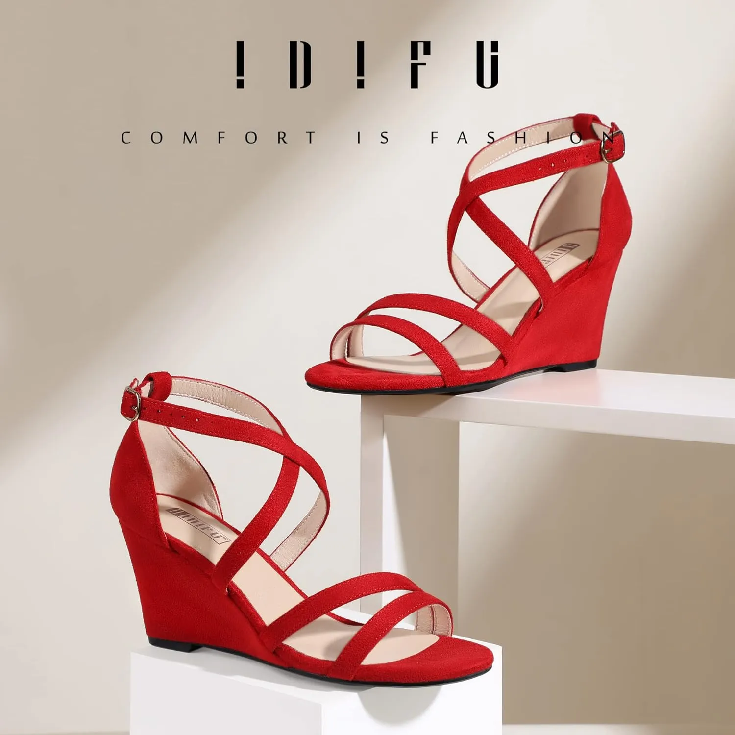 IDIFU Women's 3 Inch Strappy Wedge Sandals Open Toe Dressy Wedges For Women Black Nude Silver White Bridal Wedge Heels On Wedding Evening Summer