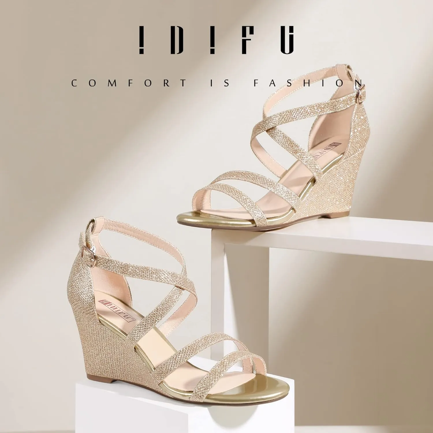 IDIFU Women's 3 Inch Strappy Wedge Sandals Open Toe Dressy Wedges For Women Black Nude Silver White Bridal Wedge Heels On Wedding Evening Summer