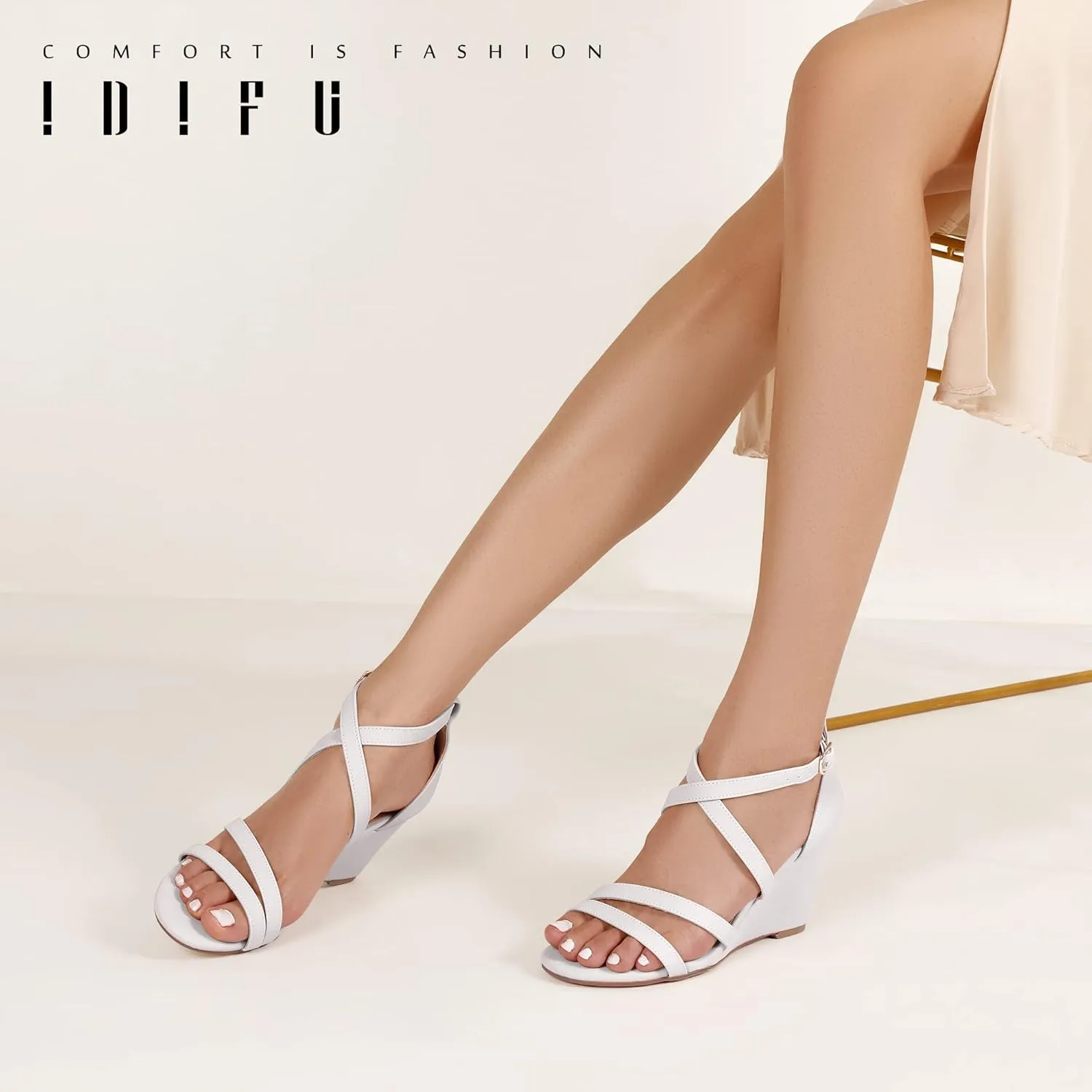 IDIFU Women's 3 Inch Strappy Wedge Sandals Open Toe Dressy Wedges For Women Black Nude Silver White Bridal Wedge Heels On Wedding Evening Summer