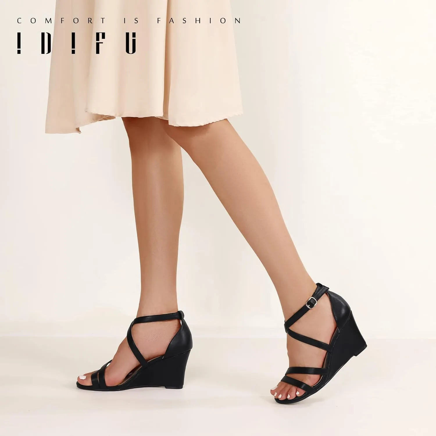IDIFU Women's 3 Inch Strappy Wedge Sandals Open Toe Dressy Wedges For Women Black Nude Silver White Bridal Wedge Heels On Wedding Evening Summer