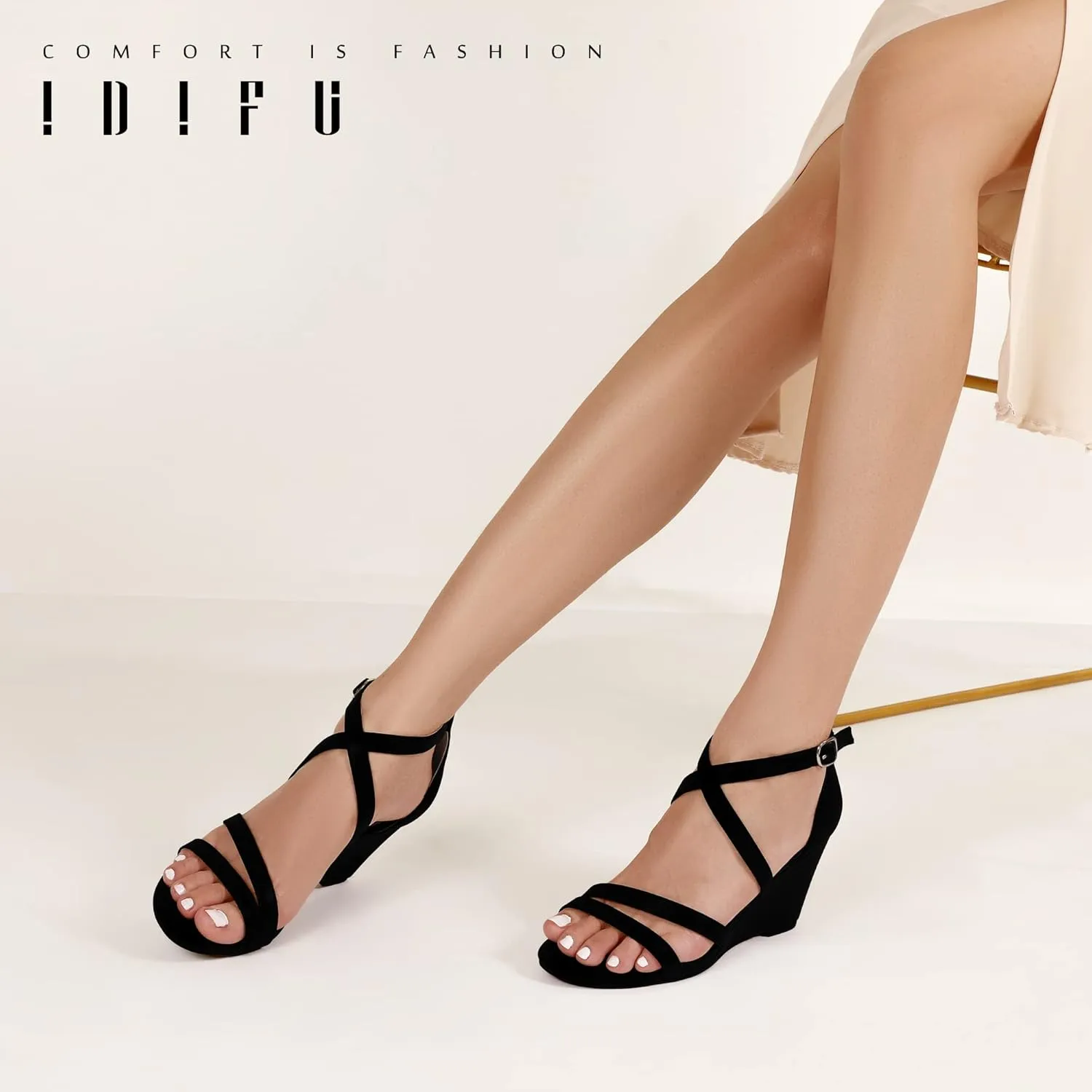 IDIFU Women's 3 Inch Strappy Wedge Sandals Open Toe Dressy Wedges For Women Black Nude Silver White Bridal Wedge Heels On Wedding Evening Summer