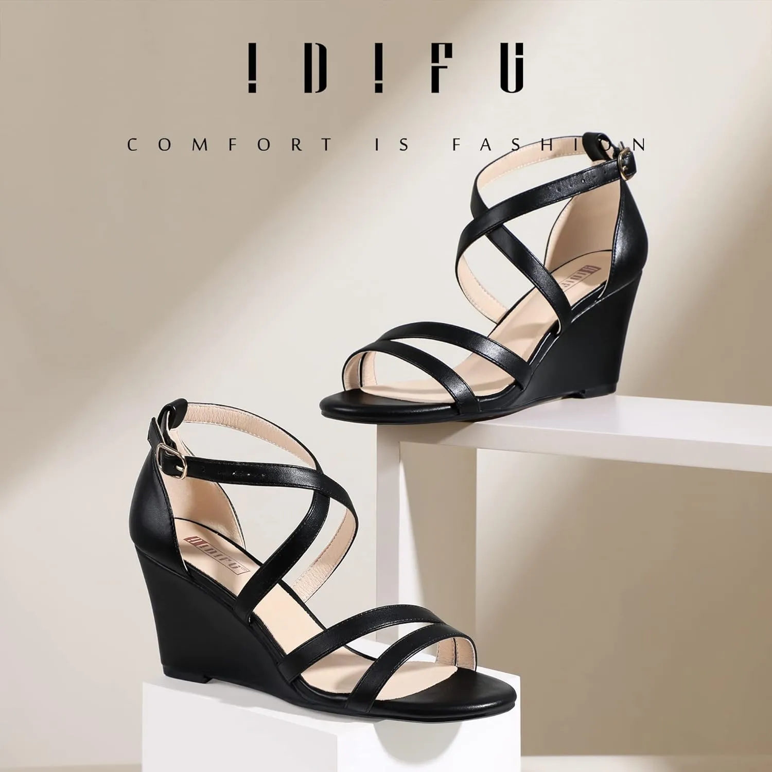 IDIFU Women's 3 Inch Strappy Wedge Sandals Open Toe Dressy Wedges For Women Black Nude Silver White Bridal Wedge Heels On Wedding Evening Summer