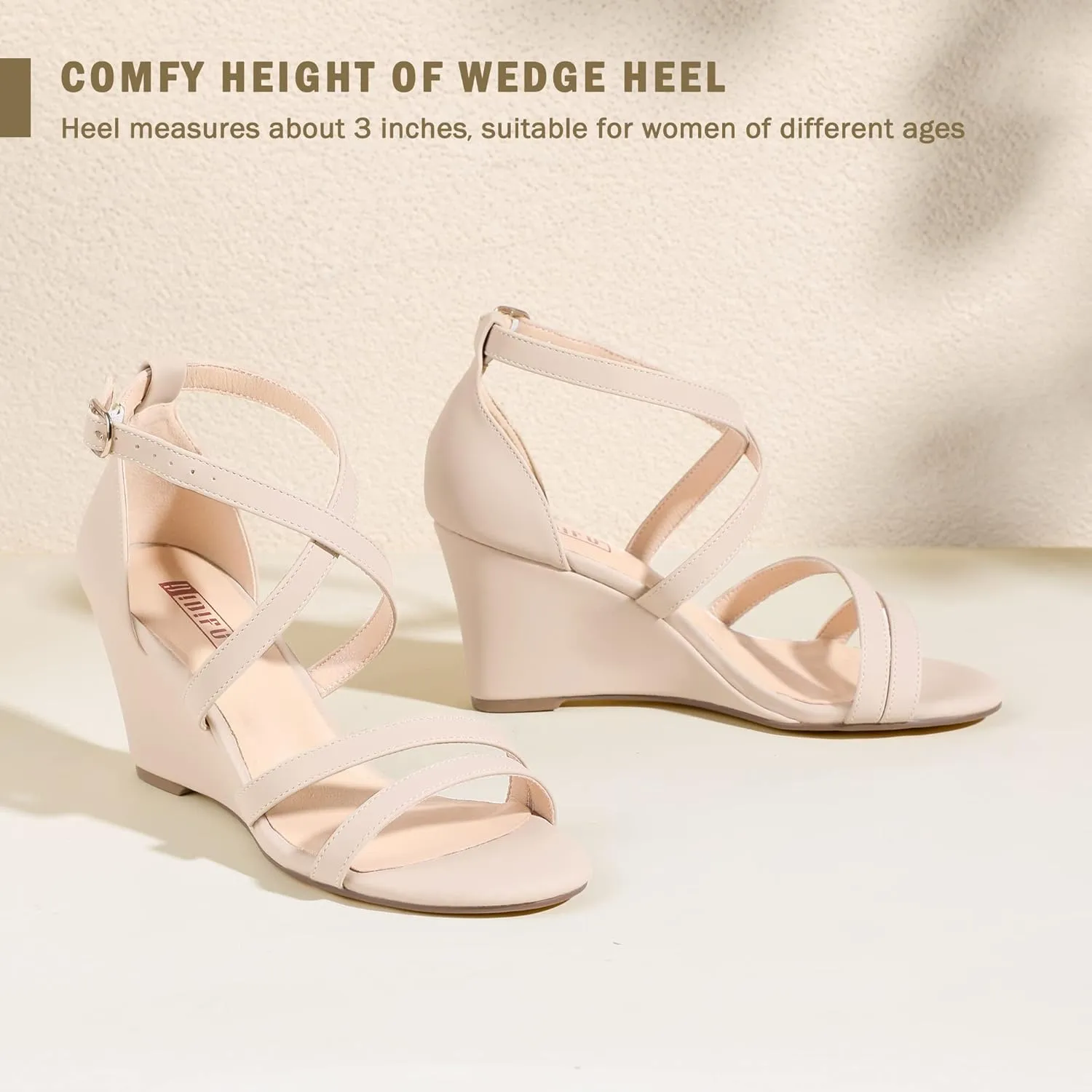 IDIFU Women's 3 Inch Strappy Wedge Sandals Open Toe Dressy Wedges For Women Black Nude Silver White Bridal Wedge Heels On Wedding Evening Summer