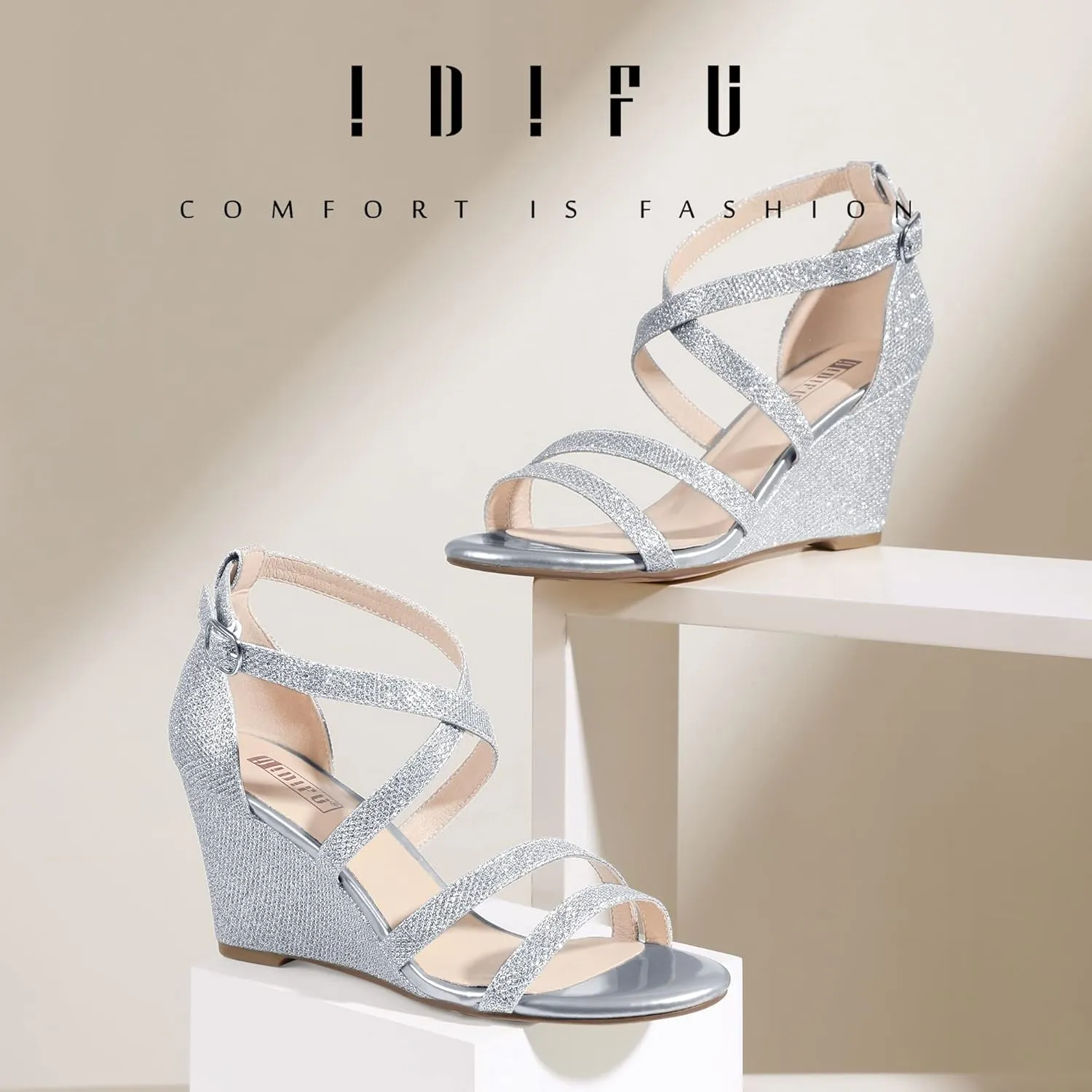 IDIFU Women's 3 Inch Strappy Wedge Sandals Open Toe Dressy Wedges For Women Black Nude Silver White Bridal Wedge Heels On Wedding Evening Summer