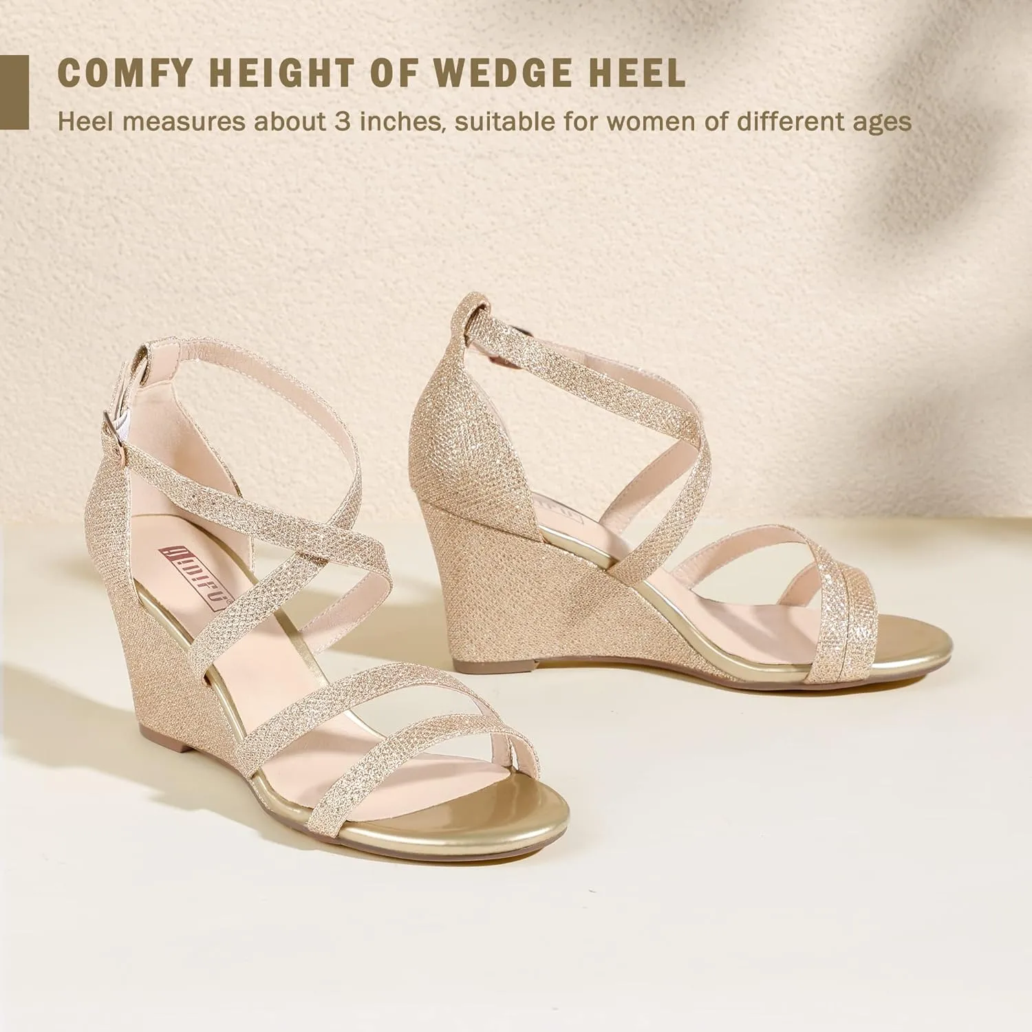 IDIFU Women's 3 Inch Strappy Wedge Sandals Open Toe Dressy Wedges For Women Black Nude Silver White Bridal Wedge Heels On Wedding Evening Summer
