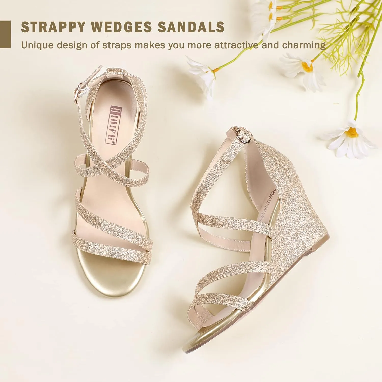 IDIFU Women's 3 Inch Strappy Wedge Sandals Open Toe Dressy Wedges For Women Black Nude Silver White Bridal Wedge Heels On Wedding Evening Summer