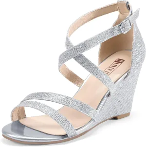 IDIFU Women's 3 Inch Strappy Wedge Sandals Open Toe Dressy Wedges For Women Black Nude Silver White Bridal Wedge Heels On Wedding Evening Summer