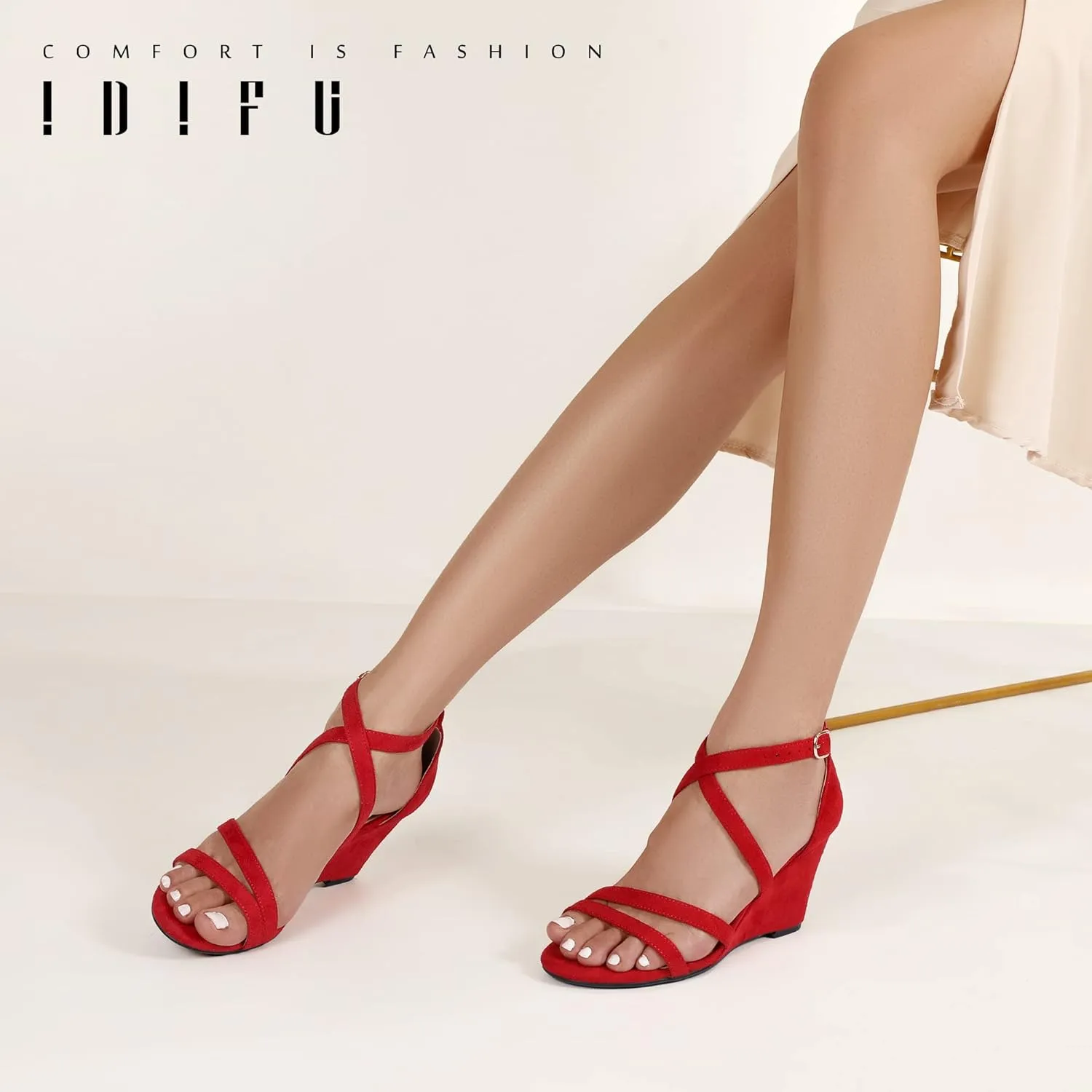 IDIFU Women's 3 Inch Strappy Wedge Sandals Open Toe Dressy Wedges For Women Black Nude Silver White Bridal Wedge Heels On Wedding Evening Summer