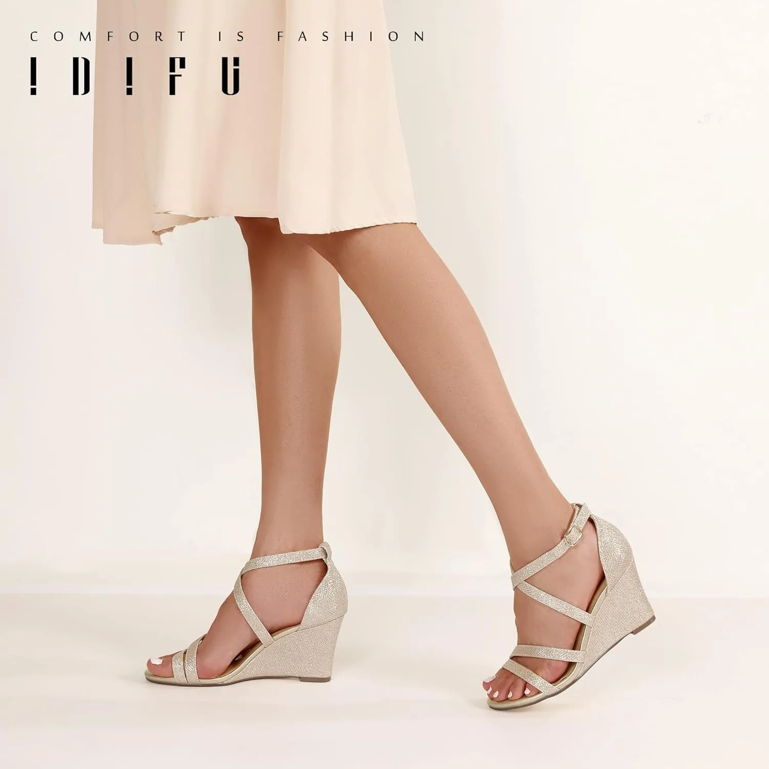IDIFU Women's 3 Inch Strappy Wedge Sandals Open Toe Dressy Wedges For Women Black Nude Silver White Bridal Wedge Heels On Wedding Evening Summer