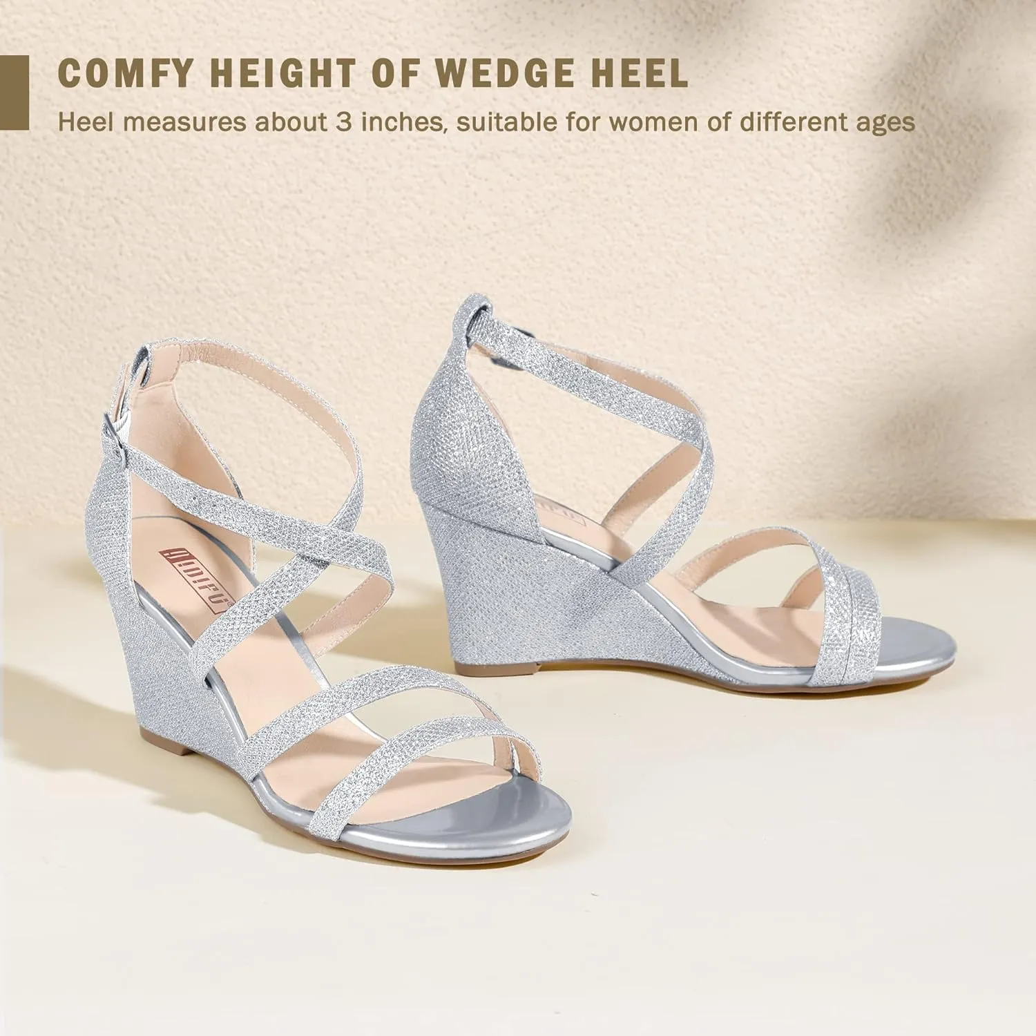 IDIFU Women's 3 Inch Strappy Wedge Sandals Open Toe Dressy Wedges For Women Black Nude Silver White Bridal Wedge Heels On Wedding Evening Summer