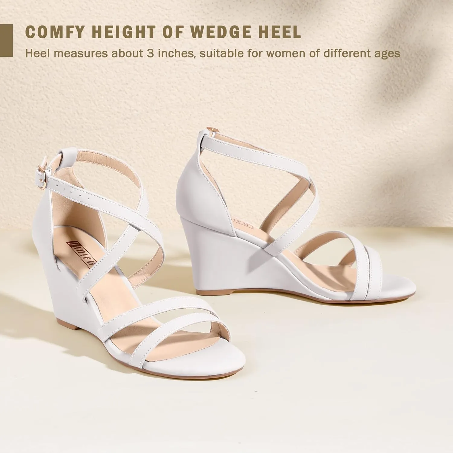 IDIFU Women's 3 Inch Strappy Wedge Sandals Open Toe Dressy Wedges For Women Black Nude Silver White Bridal Wedge Heels On Wedding Evening Summer