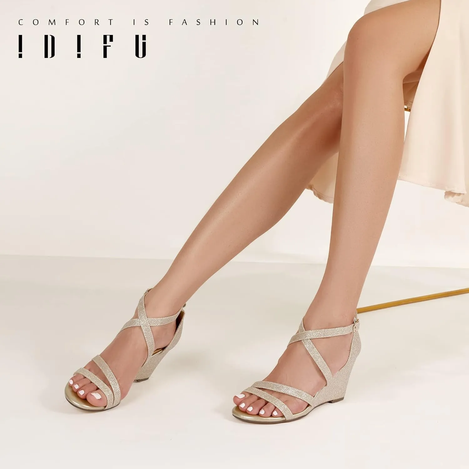IDIFU Women's 3 Inch Strappy Wedge Sandals Open Toe Dressy Wedges For Women Black Nude Silver White Bridal Wedge Heels On Wedding Evening Summer