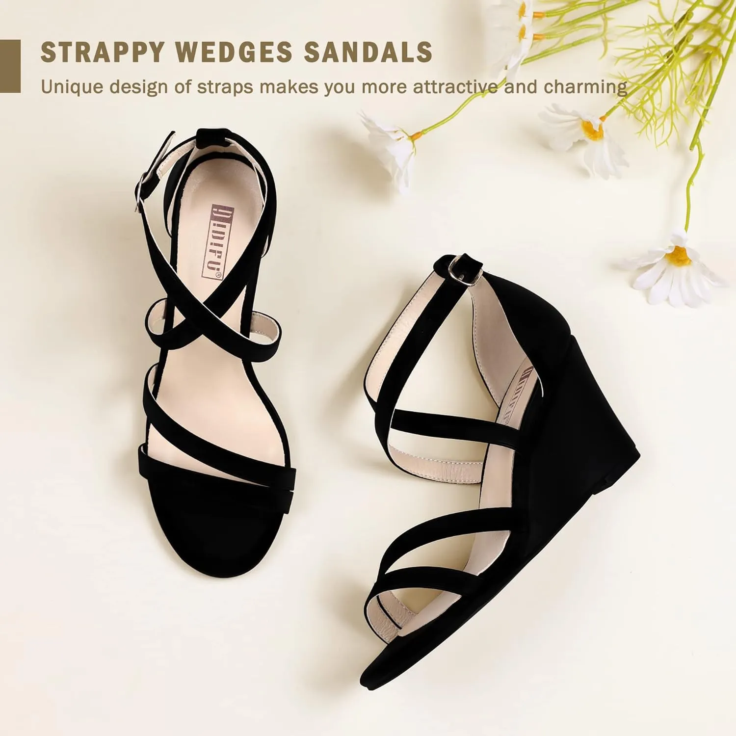 IDIFU Women's 3 Inch Strappy Wedge Sandals Open Toe Dressy Wedges For Women Black Nude Silver White Bridal Wedge Heels On Wedding Evening Summer