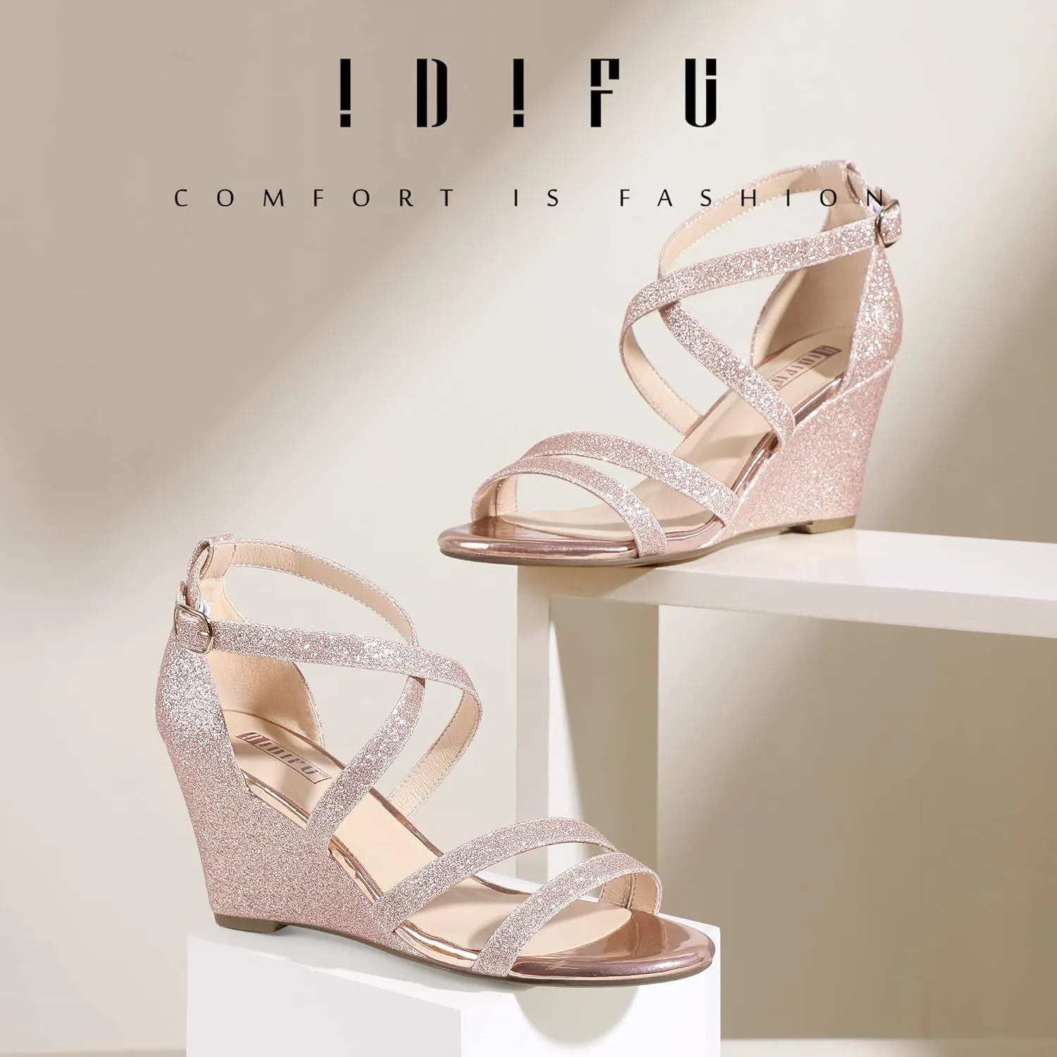 IDIFU Women's 3 Inch Strappy Wedge Sandals Open Toe Dressy Wedges For Women Black Nude Silver White Bridal Wedge Heels On Wedding Evening Summer