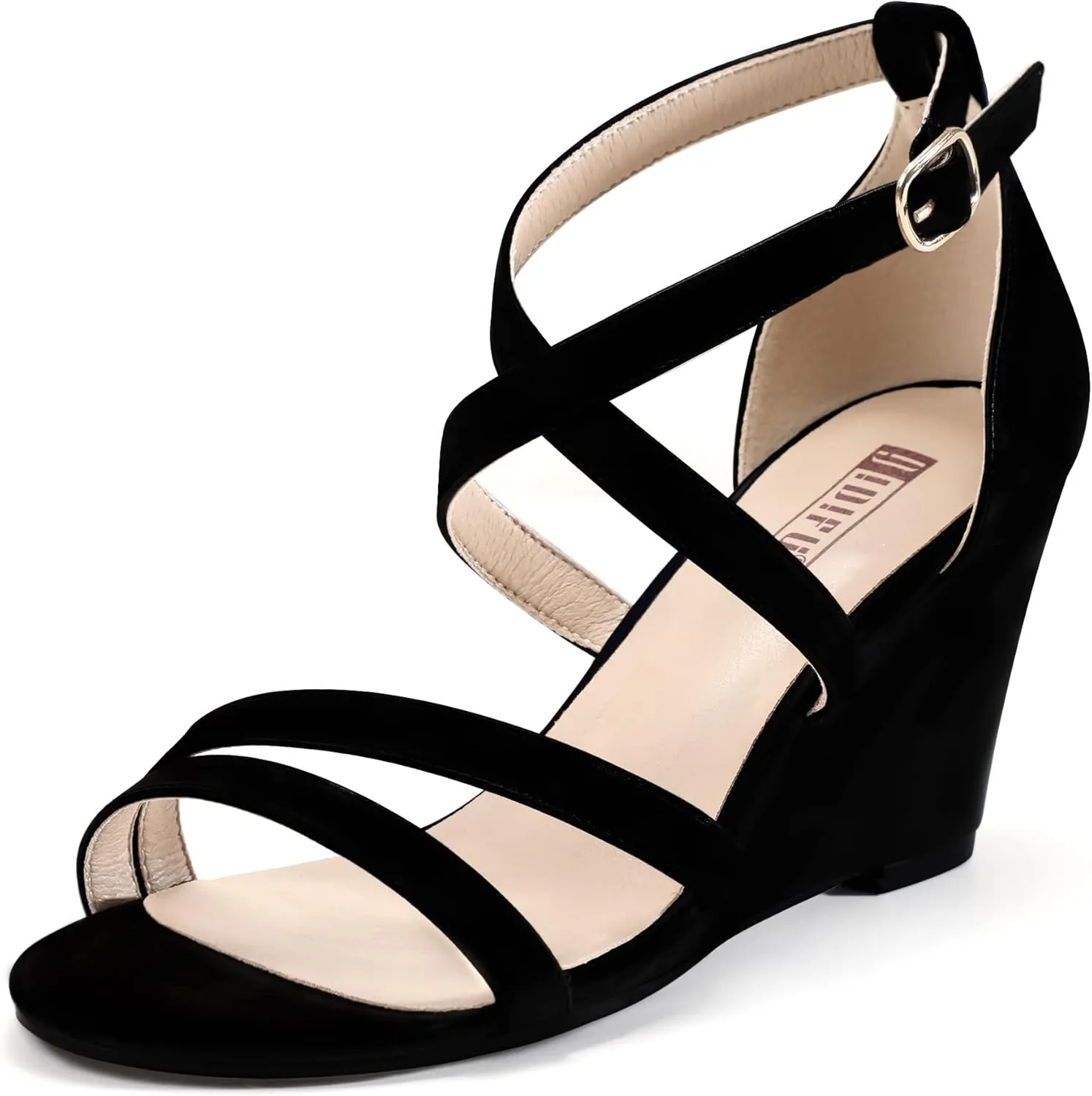 IDIFU Women's 3 Inch Strappy Wedge Sandals Open Toe Dressy Wedges For Women Black Nude Silver White Bridal Wedge Heels On Wedding Evening Summer