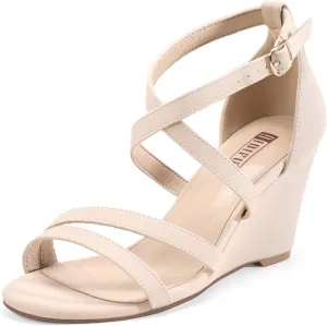 IDIFU Women's 3 Inch Strappy Wedge Sandals Open Toe Dressy Wedges For Women Black Nude Silver White Bridal Wedge Heels On Wedding Evening Summer