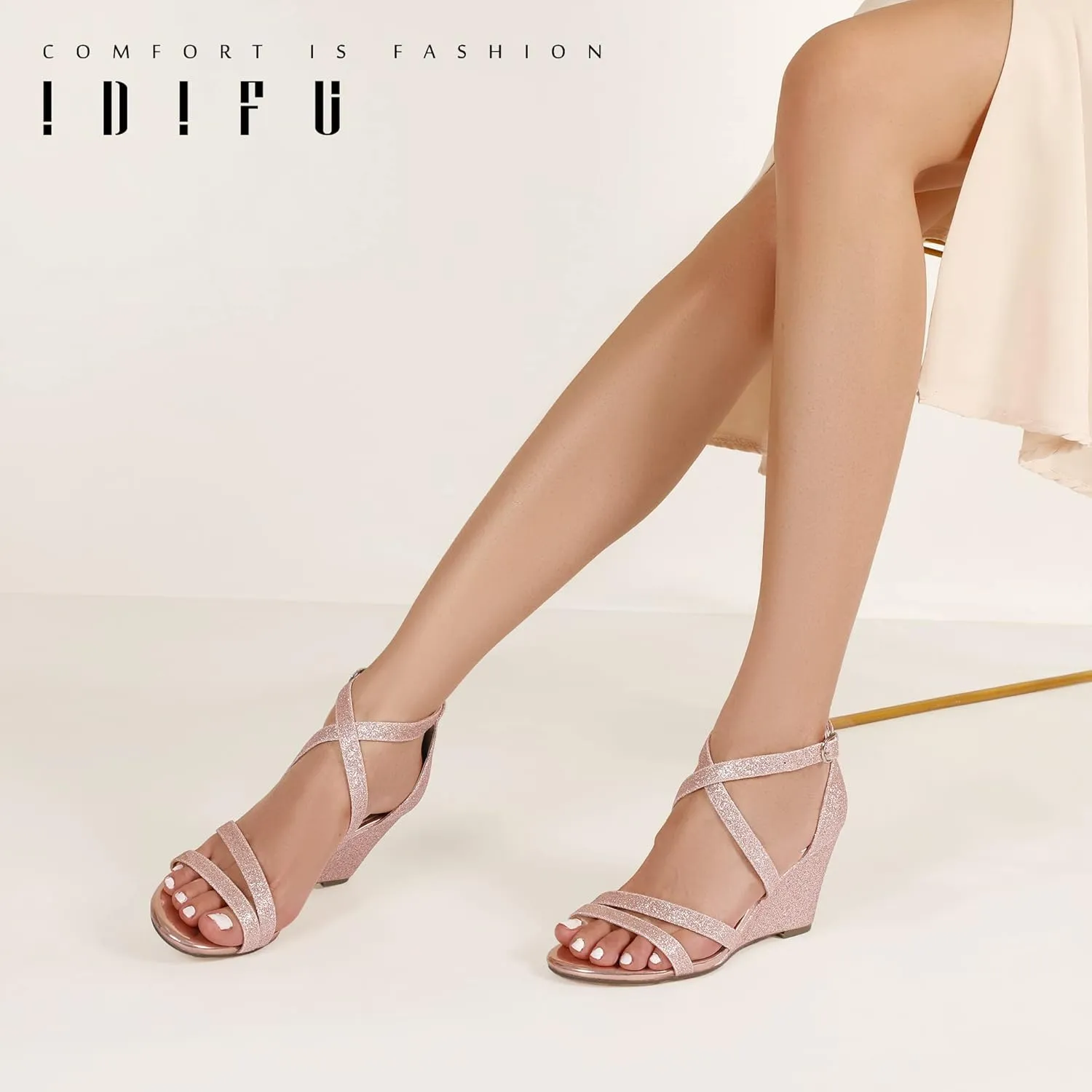 IDIFU Women's 3 Inch Strappy Wedge Sandals Open Toe Dressy Wedges For Women Black Nude Silver White Bridal Wedge Heels On Wedding Evening Summer